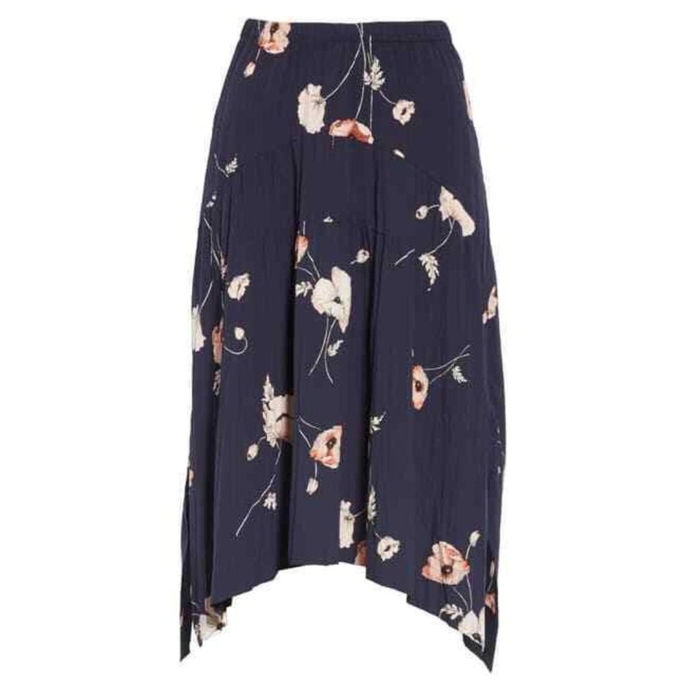 Vince Navy Floral Midi Skirt with Blush and Cream Blooms